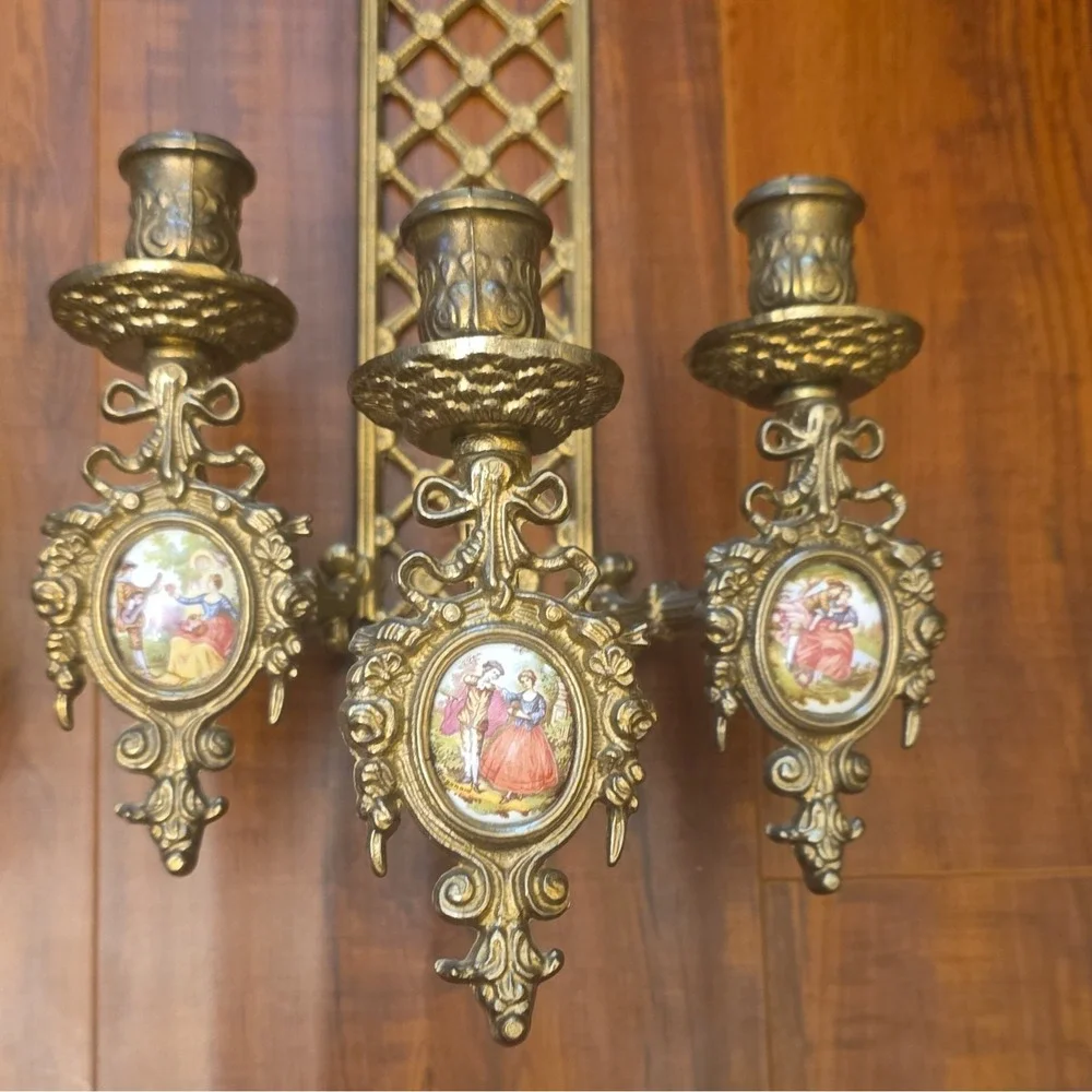 Pair of Vintage French Brass 3-Arm Wall Sconces, Rococo RevivalSigned Fragonard